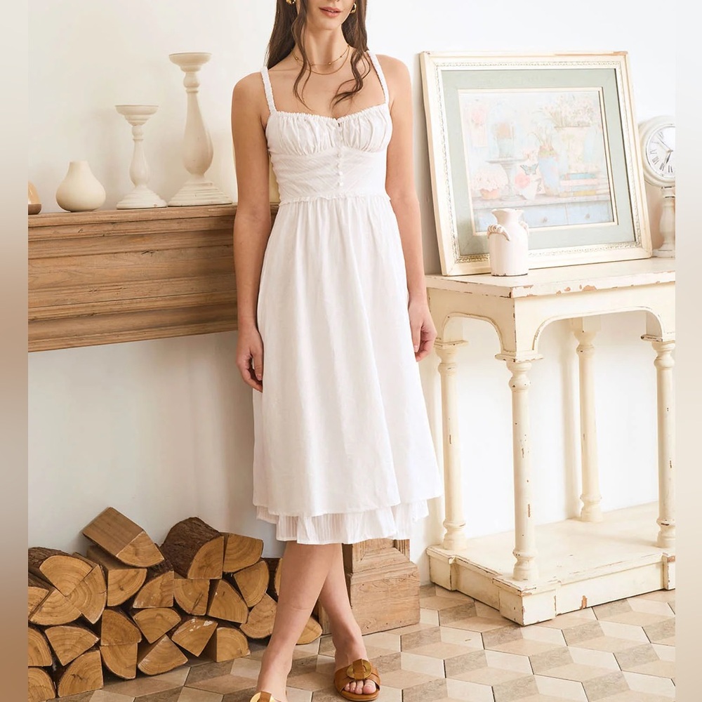 Rihoas White Ruched Slip Cotton Midi Dress - Picture 5 of 9